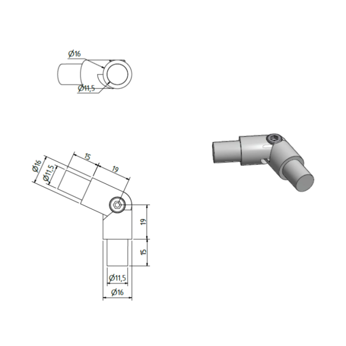 SECO Gris Inox, Coude articulé de tube Ø16 mm SECO Gris Inox, Coude articulé de tube Ø16 mm