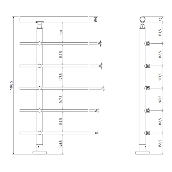 SECO Gris Inox, Poteau prémonté en fixation à plat SECO Gris Inox, Poteau prémonté en fixation à plat