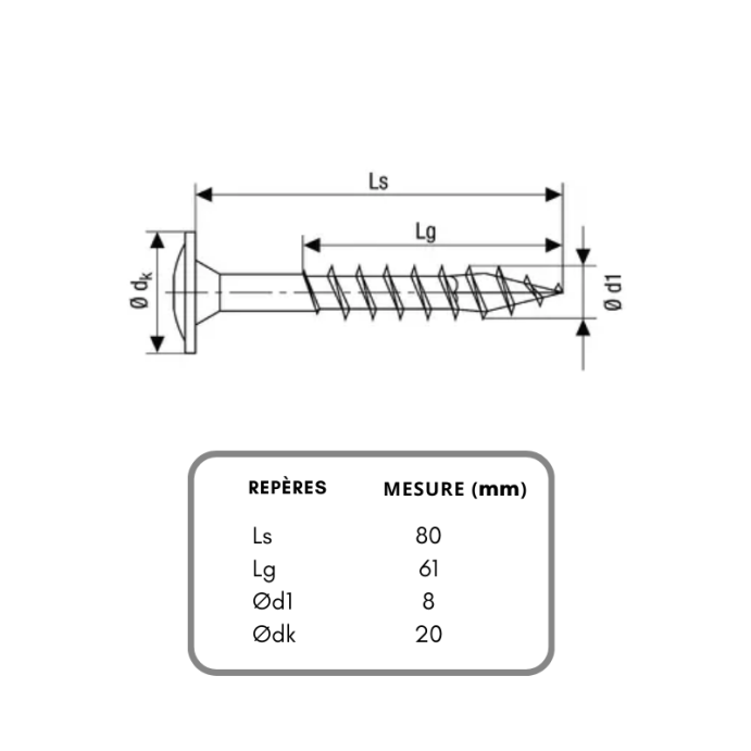 Vis à bois acier inoxydable A2, Ø8 x 80 mm Vis à bois acier inoxydable A2, Ø8 x 80 mm