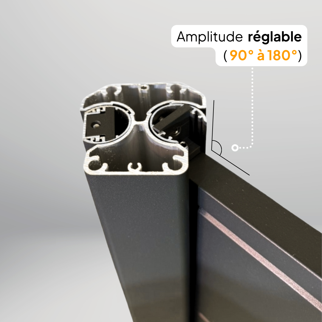 Poteau aluminium multiangle pour clôture composite, caractéristiques techniques et amplitude de réglage de 90° à 180°